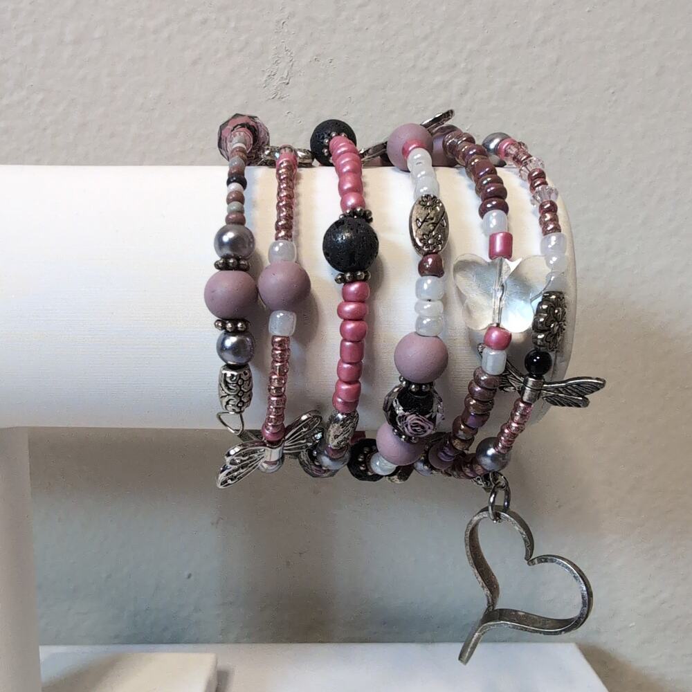 Beaded Butterfly and Heart Charm Wrap Bracelet